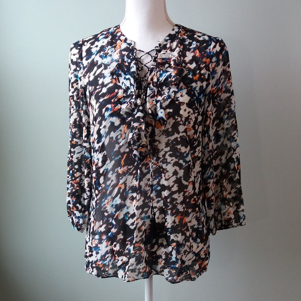 Laundry by Shelli Segal NEW Semi Sheer Animal Print Tie Ruffle Front Blouse Sz 6